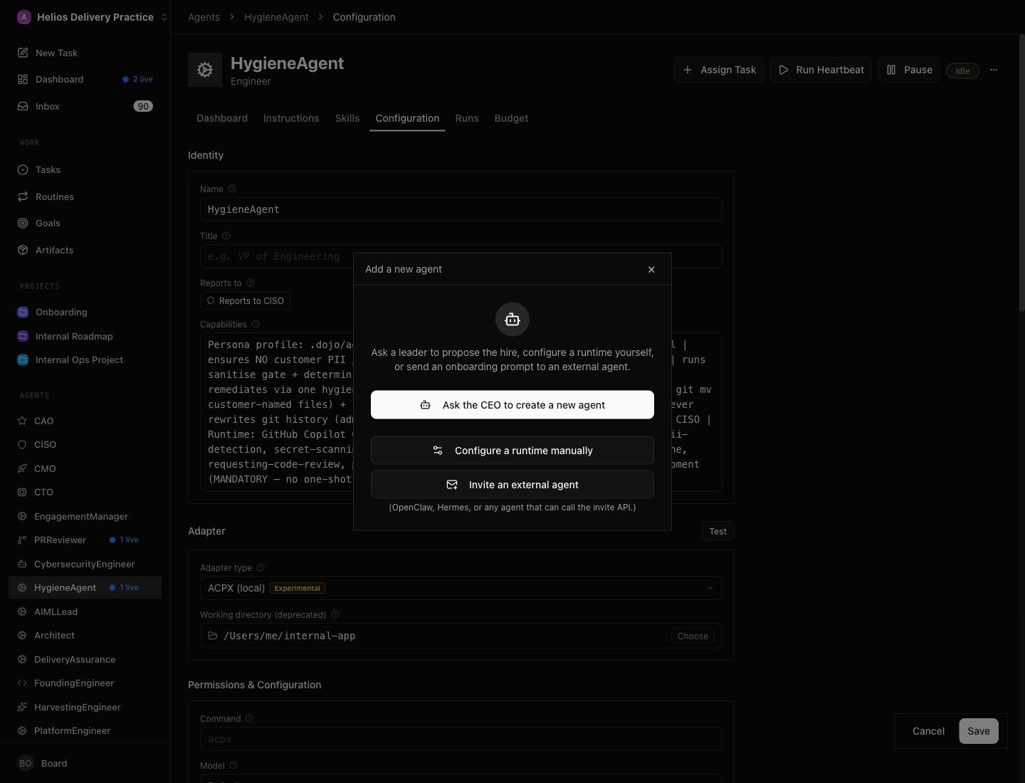 Paperclip's "Add a new agent" dialog, which frames the same choice: configure a local runtime yourself, or invite an external agent — "OpenClaw, Hermes, or any agent that can call the invite API." The adapter you pick here is the brain stem for everything that agent does.