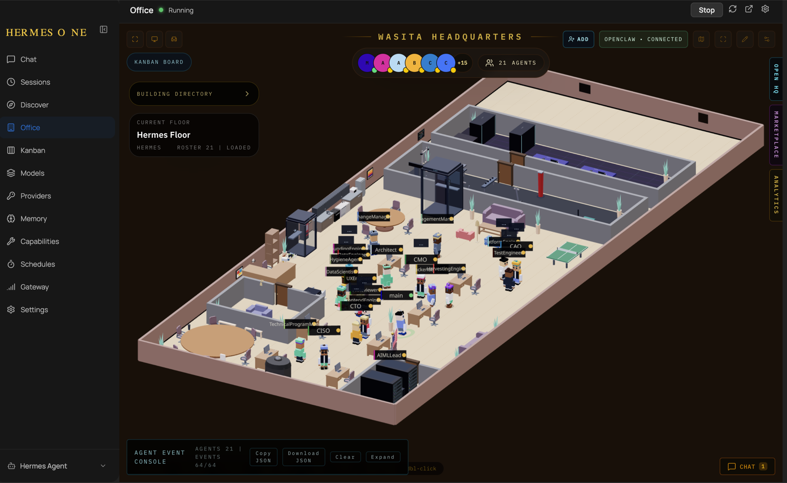 The Hermes One console: the Office tab renders Wasita Headquarters as a 3D floor with 21 agents at their desks; the left rail exposes Kanban, Memory, Schedules and more.