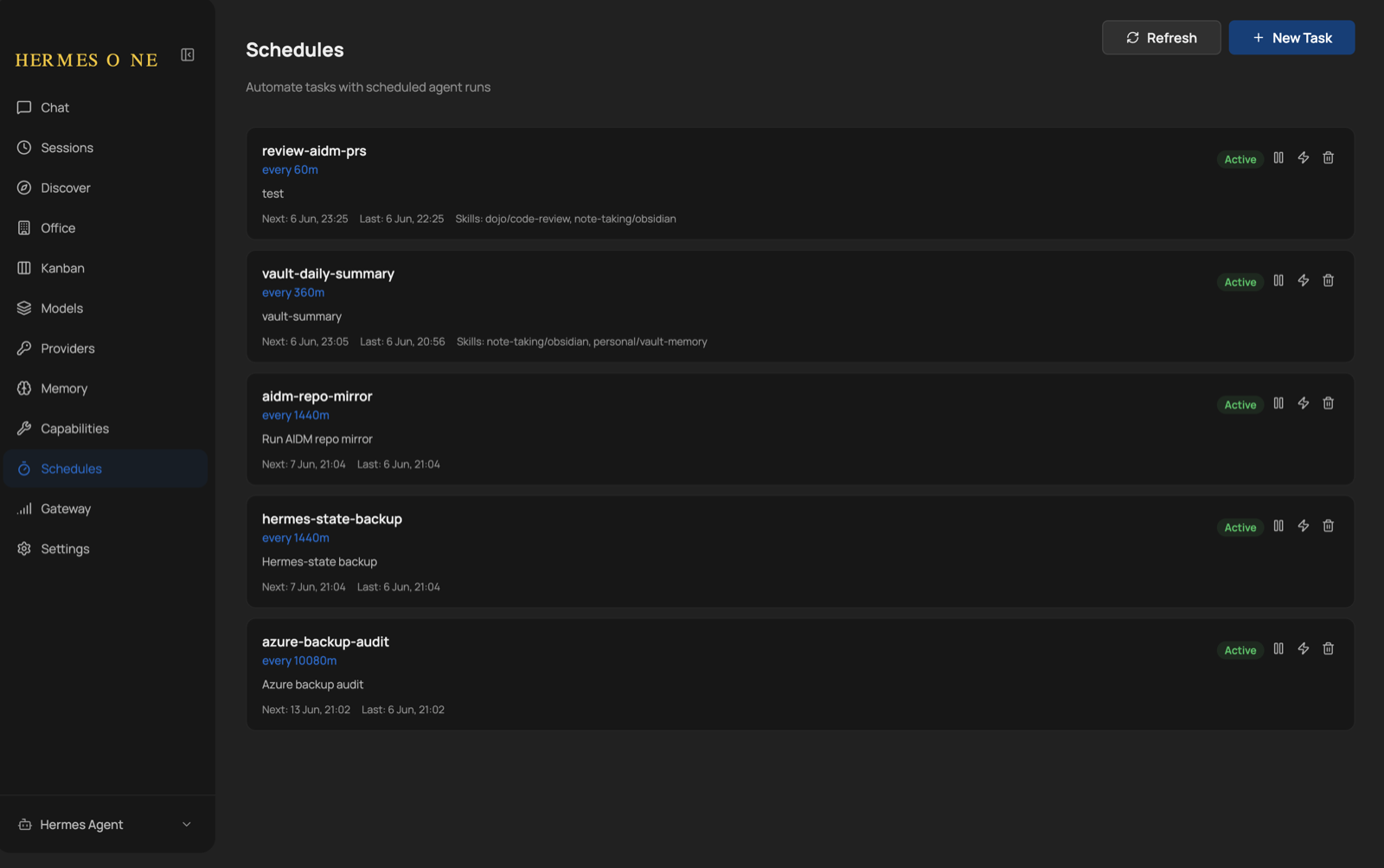 The Schedules tab: recurring agent jobs, each with its cadence, skill scope, last/next run, and an Active toggle you can pause.